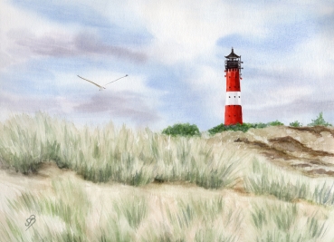 Poster DIN-A3 Aquarell Kunst Maritim Druck Kunstdruck Leuchtturm Hörnum Sylt Nordsee Meer Strand Dünen